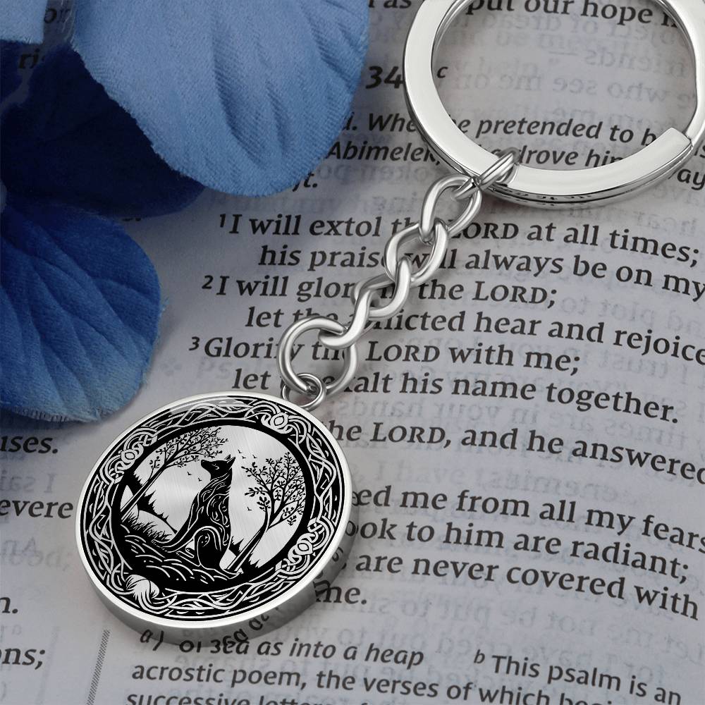 Wolf Pendant Keychain, Personalized Celtic Jewelry, Engraved Fenrir Viking Gift, Animal Spirit Companion Key Ring, Gold Nature Lover Charm