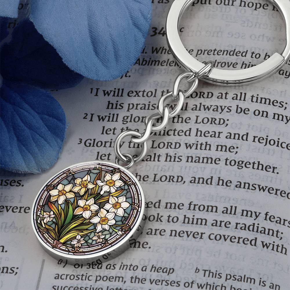 Jonquil Keychain, Personalized March Birth Month Flower Jewelry, Engraved Gold Floral Charm Pendant Valentines & Mothers Day Gift For Her