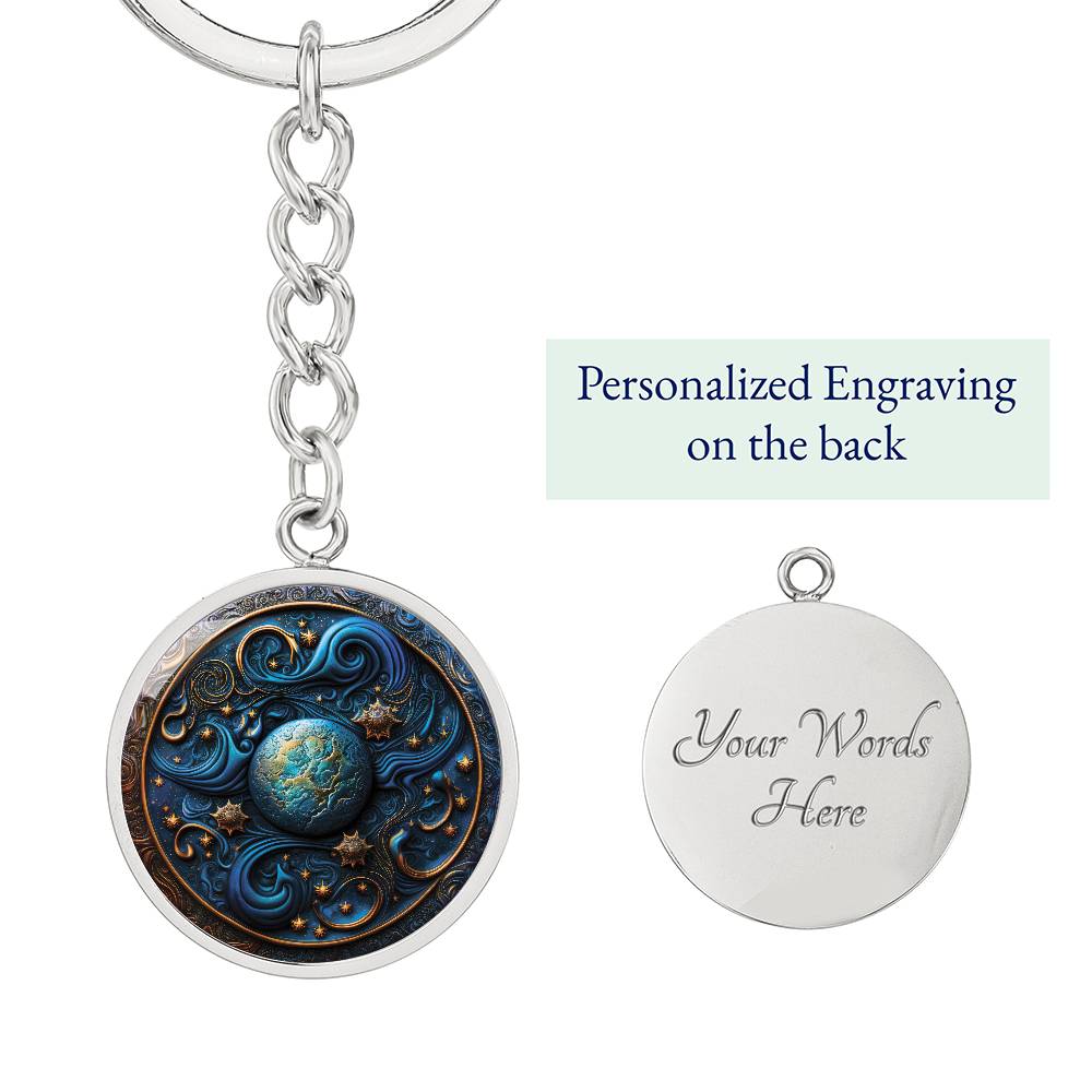 Elegant silver Wizard Spell Celestial Pendant Personalized Keychain, set against a space blue and gold backdrop. This jewelry offers personalization with an engraving option for a name.