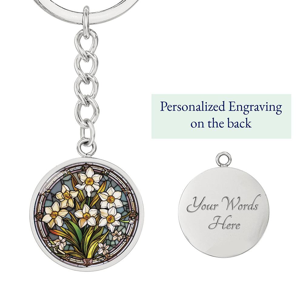 Jonquil Keychain, Personalized March Birth Month Flower Jewelry, Engraved Gold Floral Charm Pendant Valentines & Mothers Day Gift For Her