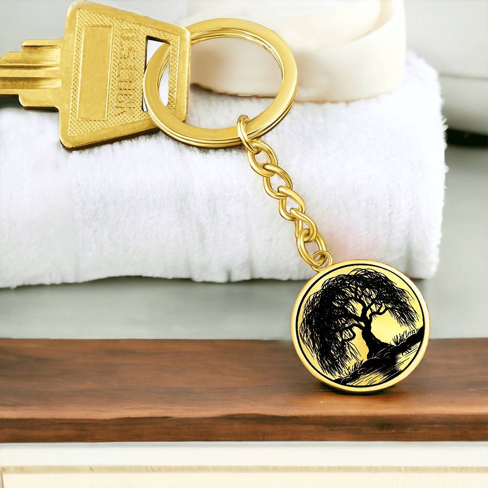 Gold Weeping Willow Tree Keychain Front with an angle