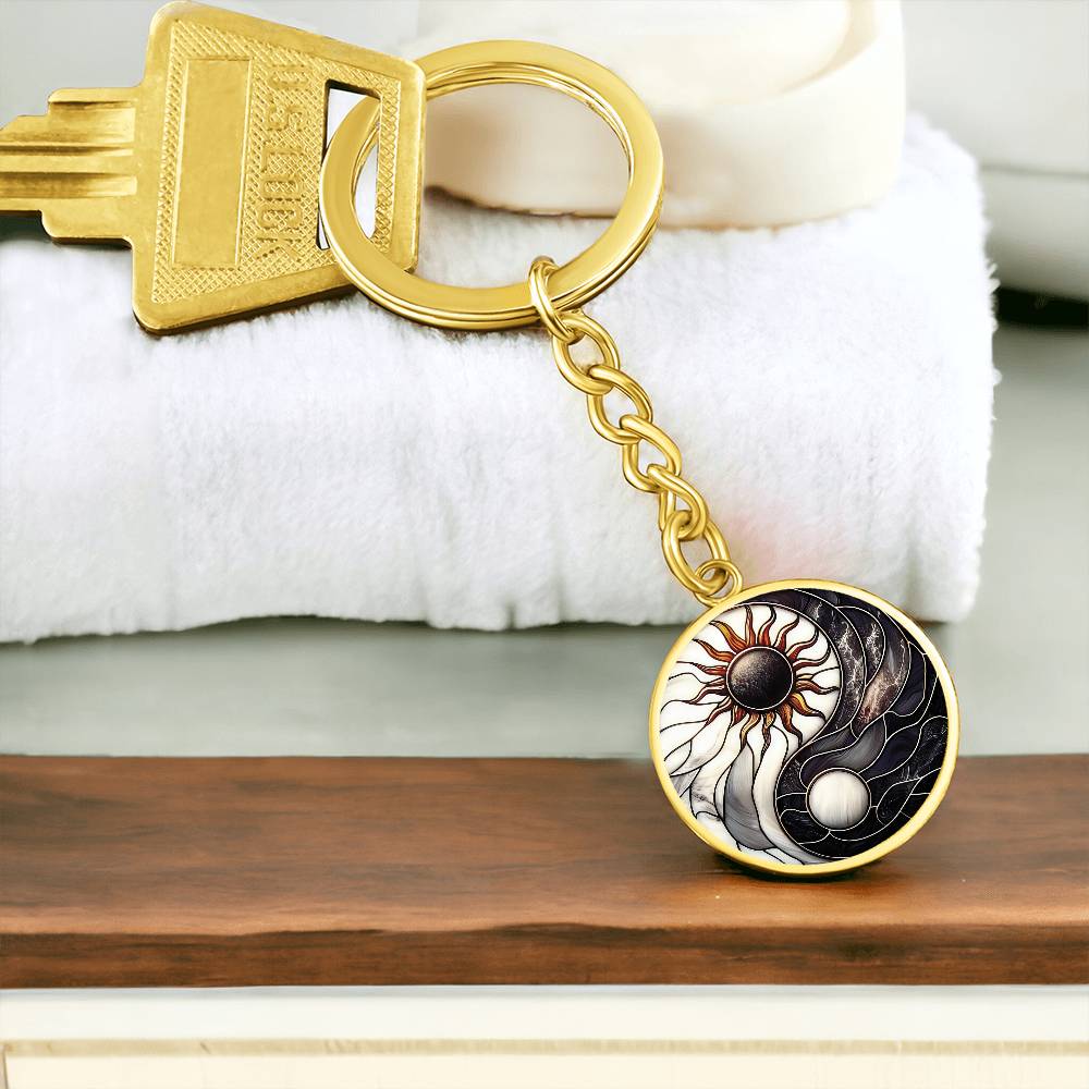Sun and Moon Keychain, Personalized Celestial Jewelry, 18K Gold Yin and Yang Charm Pendant, Harmony & Unity Space Gift For Her or Him