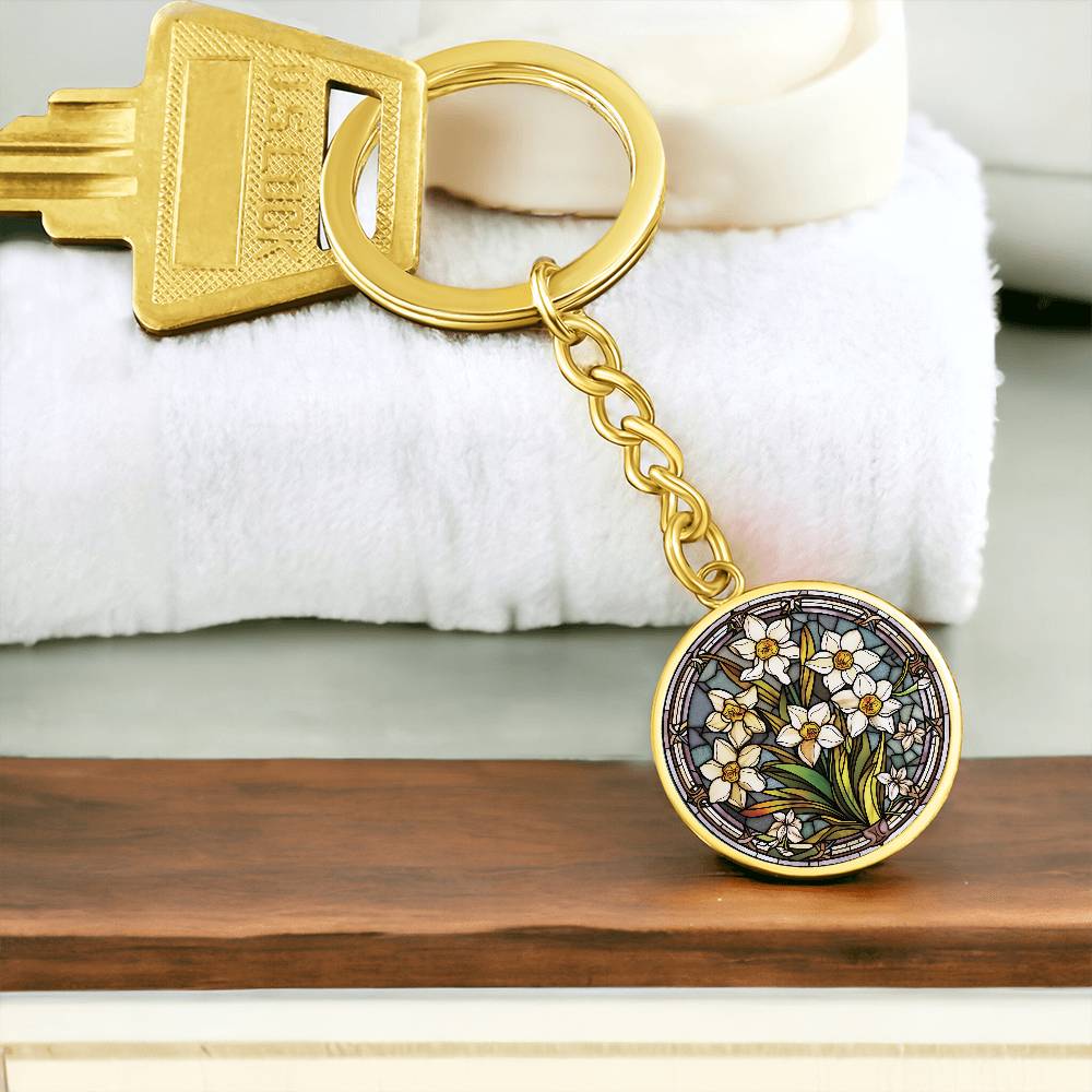 Jonquil Keychain, Personalized March Birth Month Flower Jewelry, Engraved Gold Floral Charm Pendant Valentines & Mothers Day Gift For Her