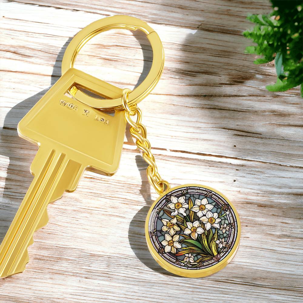 Jonquil Keychain, Personalized March Birth Month Flower Jewelry, Engraved Gold Floral Charm Pendant Valentines & Mothers Day Gift For Her