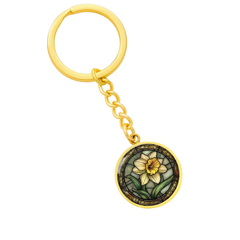 Daffodil Keychain, Personalized March Birth Month Flower Jewelry, Engraved Floral Charm Pendant Valentines & Mothers Day Gift For Her