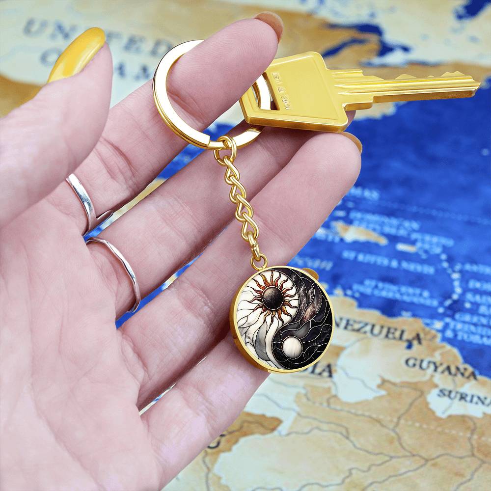 Sun and Moon Keychain, Personalized Celestial Jewelry, 18K Gold Yin and Yang Charm Pendant, Harmony & Unity Space Gift For Her or Him
