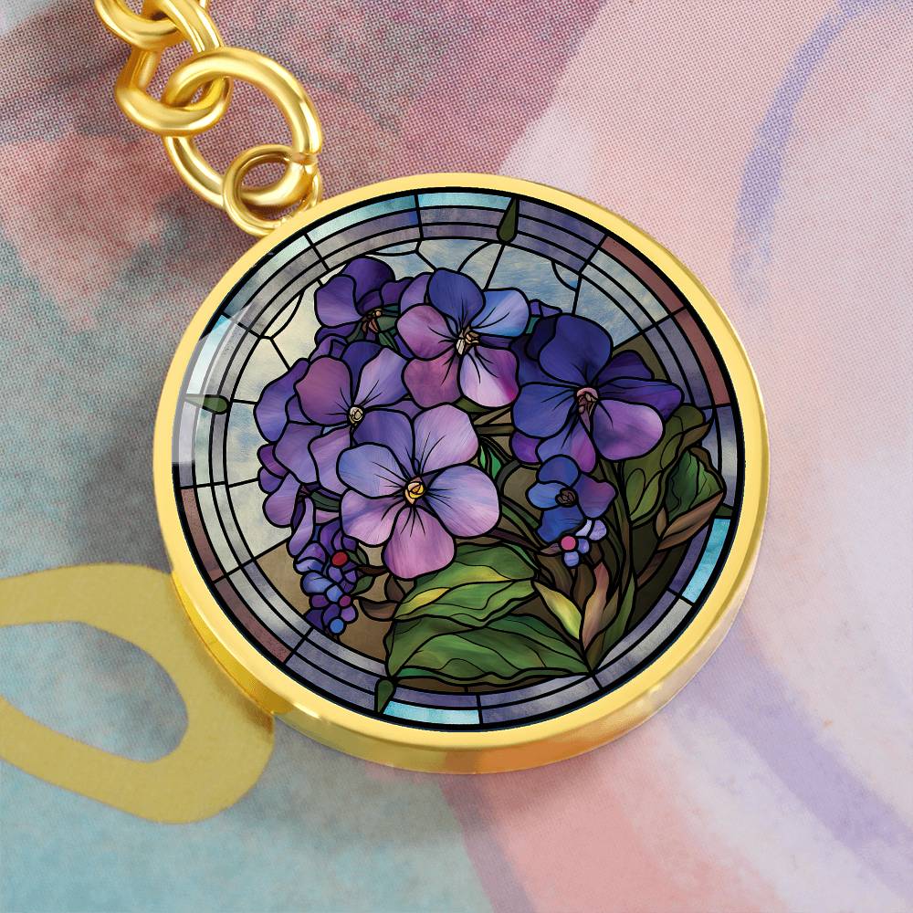 Purple Violet Keychain, Personalized February Birth Flower Jewelry Gift for Her, Gold Floral Valentines & Mothers Day Charm Pendant