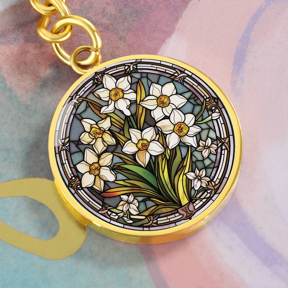 Jonquil Keychain, Personalized March Birth Month Flower Jewelry, Engraved Gold Floral Charm Pendant Valentines & Mothers Day Gift For Her