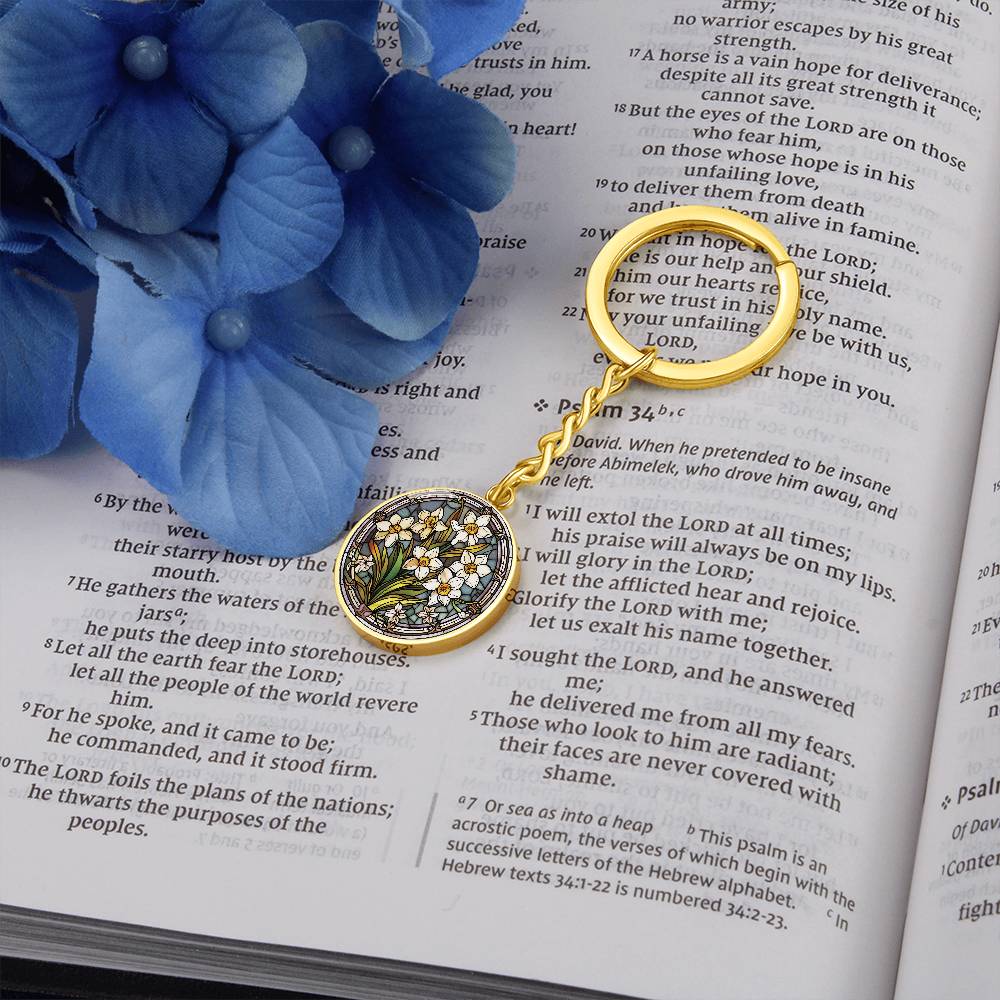 Jonquil Keychain, Personalized March Birth Month Flower Jewelry, Engraved Gold Floral Charm Pendant Valentines & Mothers Day Gift For Her