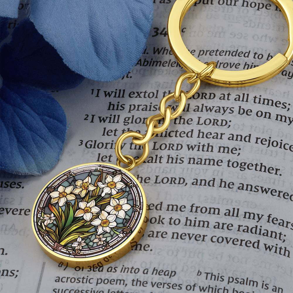 Jonquil Keychain, Personalized March Birth Month Flower Jewelry, Engraved Gold Floral Charm Pendant Valentines & Mothers Day Gift For Her