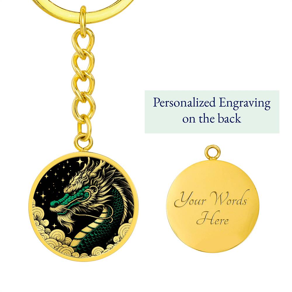 an Elegant gold pendant featuring a vivid Jade Dragon keychain set against a gold and black backdrop. This jewelry offers personalization with an engraving option for a name.