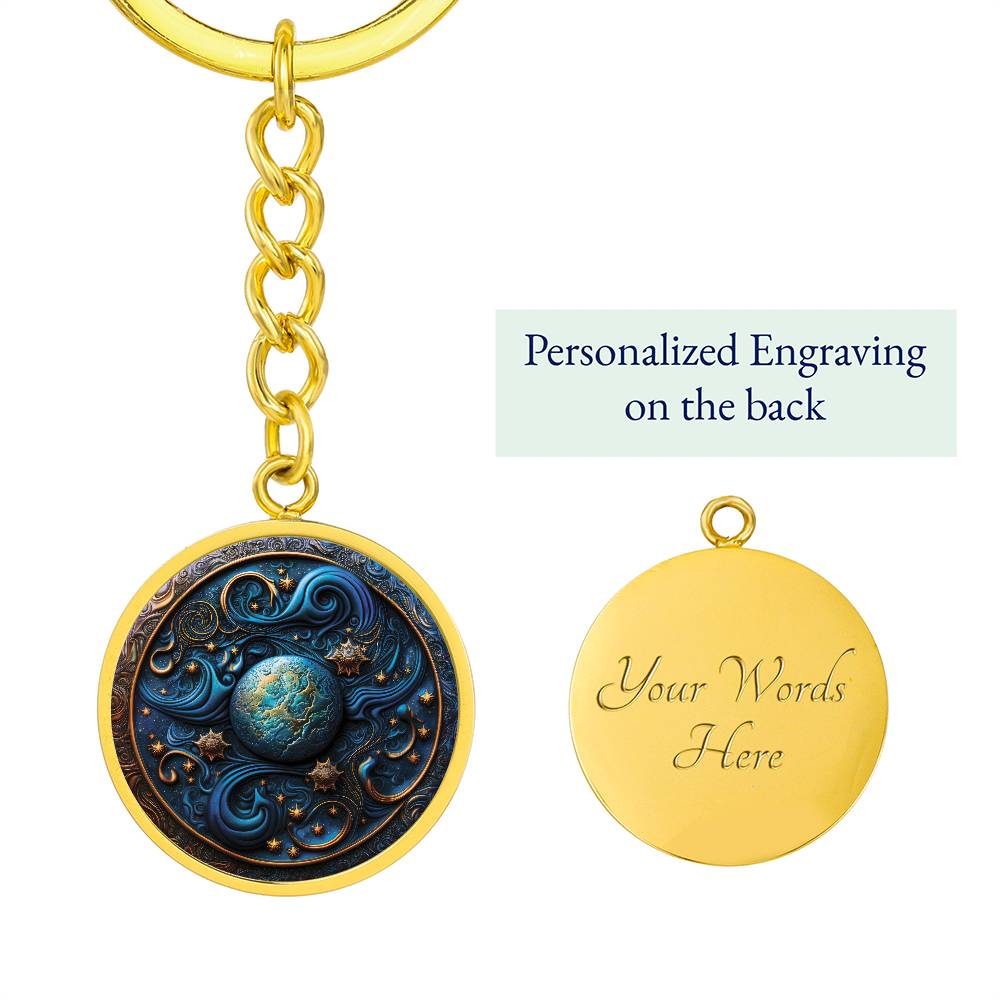 Elegant gold Wizard Spell Celestial Pendant Personalized Keychain, set against a space blue and gold backdrop. This jewelry offers personalization with an engraving option for a name.