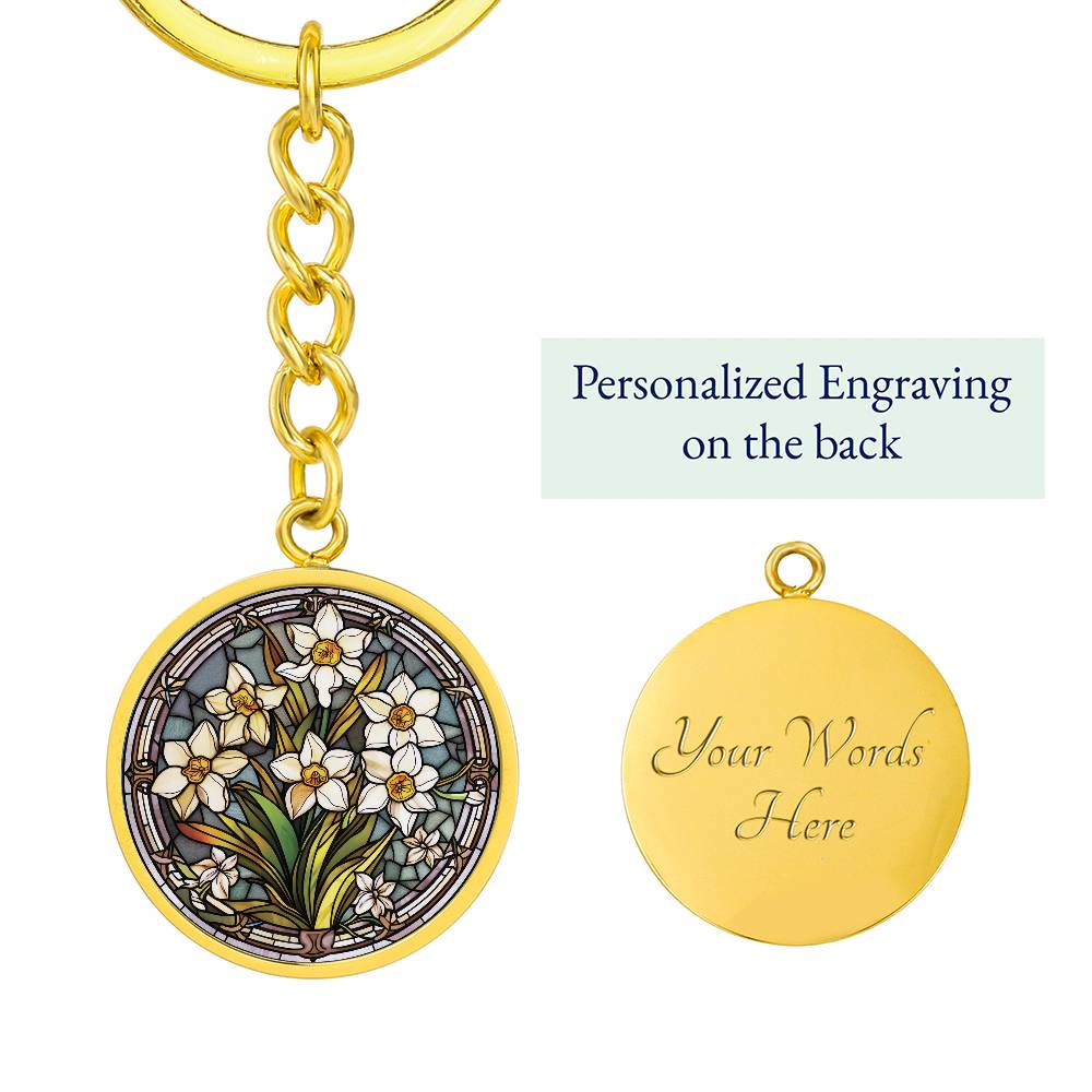 Jonquil Keychain, Personalized March Birth Month Flower Jewelry, Engraved Gold Floral Charm Pendant Valentines & Mothers Day Gift For Her