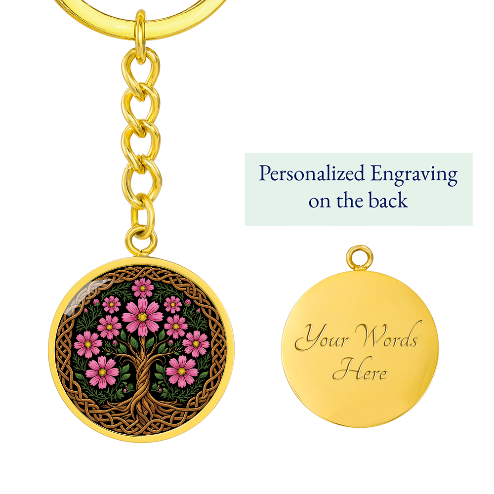 Celtic Tree of Life Pendant Keychain - Cosmos October Birth Flower Jewelry