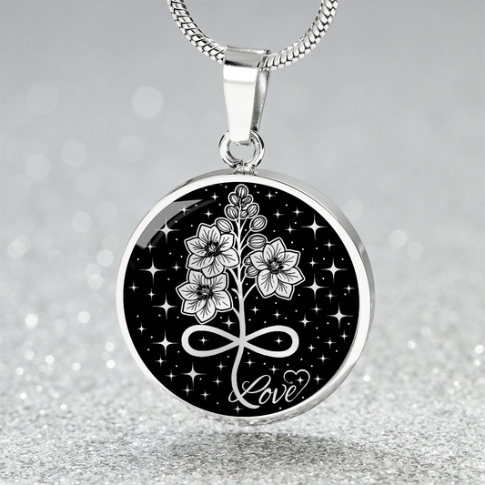 Infinity Larkspur Pendant Necklace - Silver Stainless Steel Charm Pendant