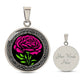 An Elegant January Silver pendant Celtic Birth Flower Carnation Necklace. Featuring a vivid pink flower with green leaves, set against a Silver & black backdrop. This jewelry offers personalization with an engraving option for a name.