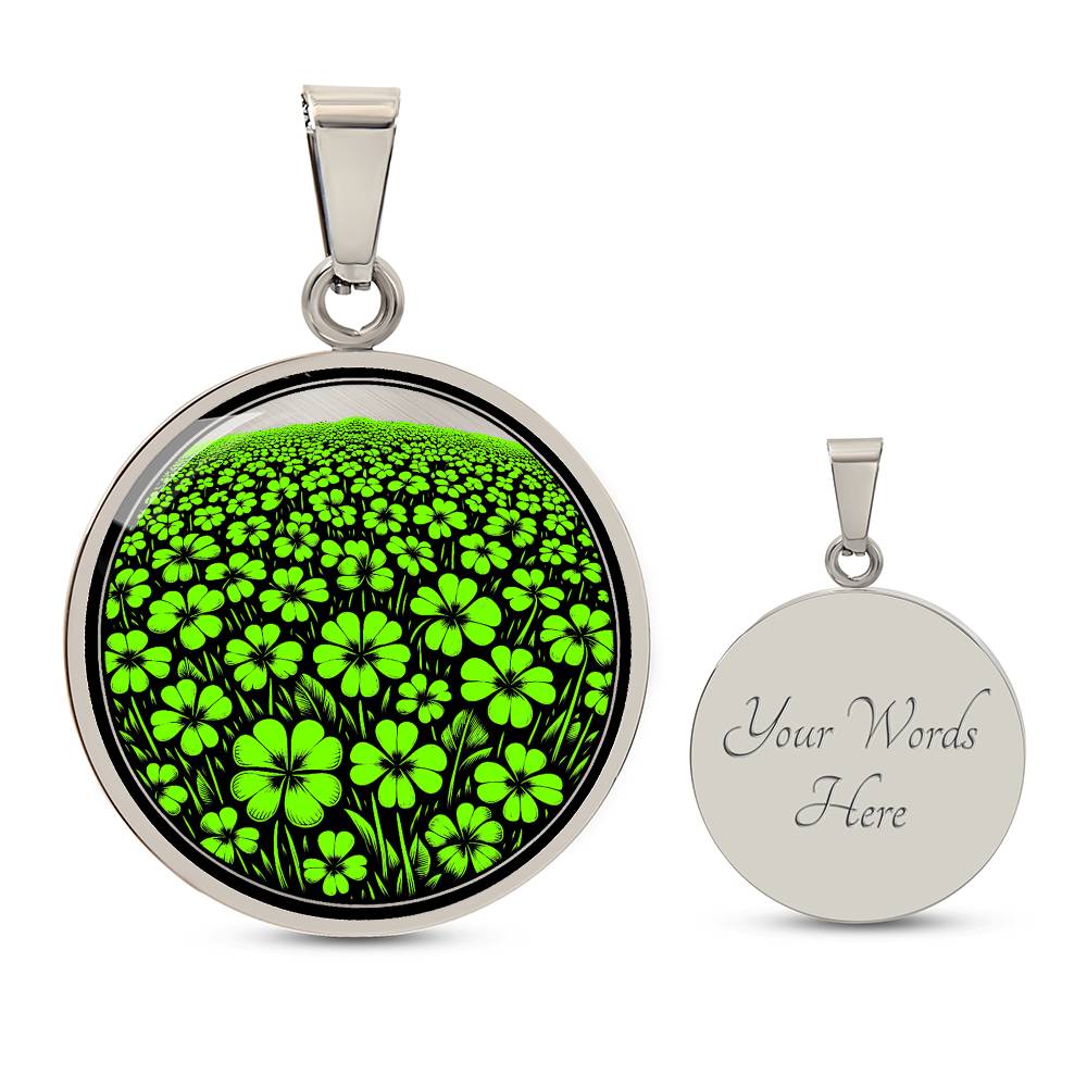 Elegant silver pendant necklace featuring a vivid Green Clover Field set against a silver & black backdrop. This necklace offers personalization with an engraving option for a name.