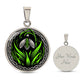 Elegant silver pendant featuring a vivid Snowdrop Birth Flower Necklace, January birth month flower, set against a Green & Black backdrop with a Celtic border. This jewelry offers personalization with an engraving option for a name.