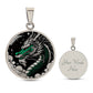 an Elegant silver pendant Chinese Dragon necklace featuring a vivid Jade dragon with stars and clouds set against a black backdrop. This jewelry offers personalization with an engraving option for a name.