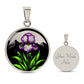 Februarys birth month flower Elegant silver pendant featuring a vivid Purple Iris Necklace set against a Green Grass, Silver moon and mountains background. This necklace offers personalization option for a name.