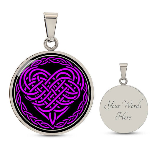 Elegant silver pendant featuring a vivid purple Heart Celtic Necklace set against a Black & silver backdrop. This jewelry offers personalization with an engraving option for a name.