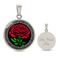 An elegant Celtic silver pendant  January Birth Flower Carnation necklace featuring a vivid red carnation, green stem and leaves, set against a silver & black backdrop. This jewelry offers personalization with an engraving option for a name.