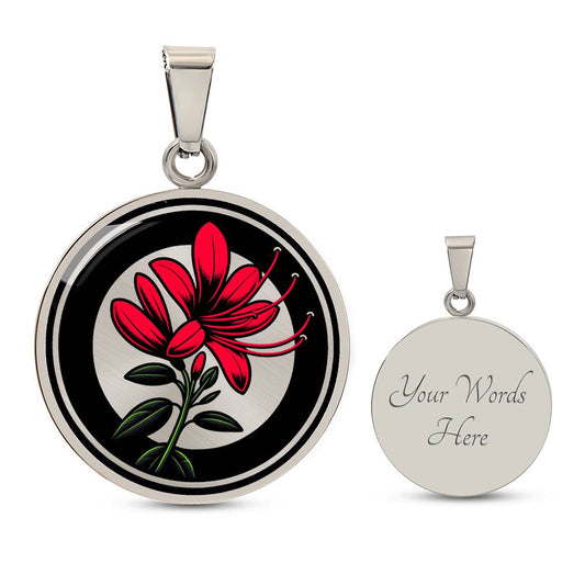 Elegant silver pendant featuring a vivid red honeysuckle, Junes birth month flower, set against a subtle tan backdrop. This necklace offers personalization with an engraving option for a name.