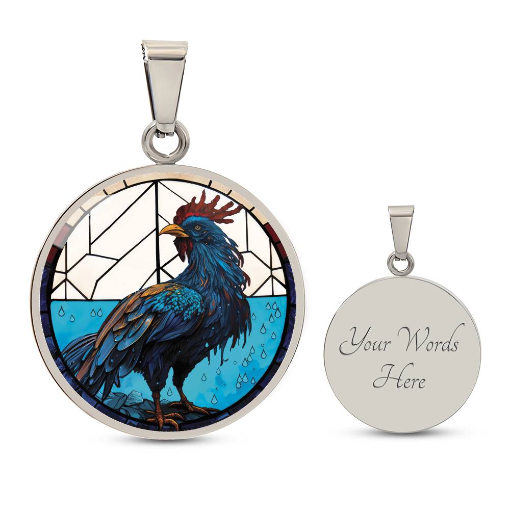 An Elegant silver pendant featuring a Chinese Zodiac Rooster Necklace. The colors are blue, white, tan, red, yellow, brown. This jewelry offers personalization with an engraving option for a name.