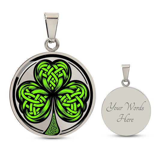 Elegant silver pendant necklace featuring a vivid Green Celtic Clover set against a silver & black backdrop. This necklace offers personalization with an engraving option for a name.