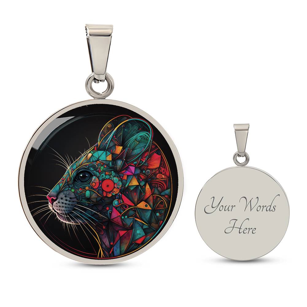 An elegant silver pendant multicolored Chinese Zodiac Rat Necklace. This jewelry offers personalization with an engraving option for a name.