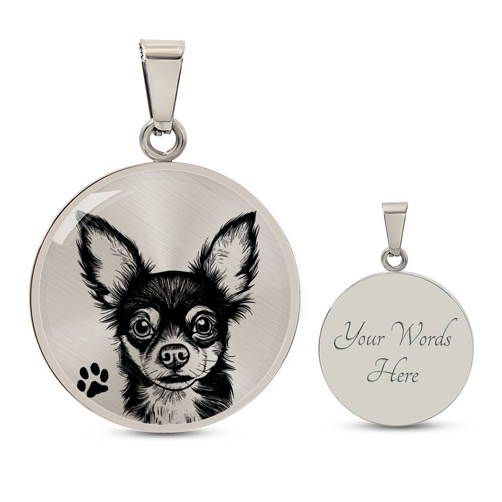 An Elegant silver pendant Chihuahua Dog Necklace. The Chihuahua Design is in Silver and Black with a black paw print. This jewelry offers personalization with an engraving option for a name.