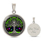 an Elegant silver pendant Tree of Life necklace featuring a vivid Celtic Green and silver tree, set against a black backdrop with red,blue,purple,orange gems. This jewelry offers personalization with an engraving option for a name.