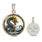 An Elegant silver pendant featuring a Water Dragon Necklace. Blue and yellow Dragon with a blue ocean, tan border and backdrop. This jewelry offers personalization with an engraving option for a name.