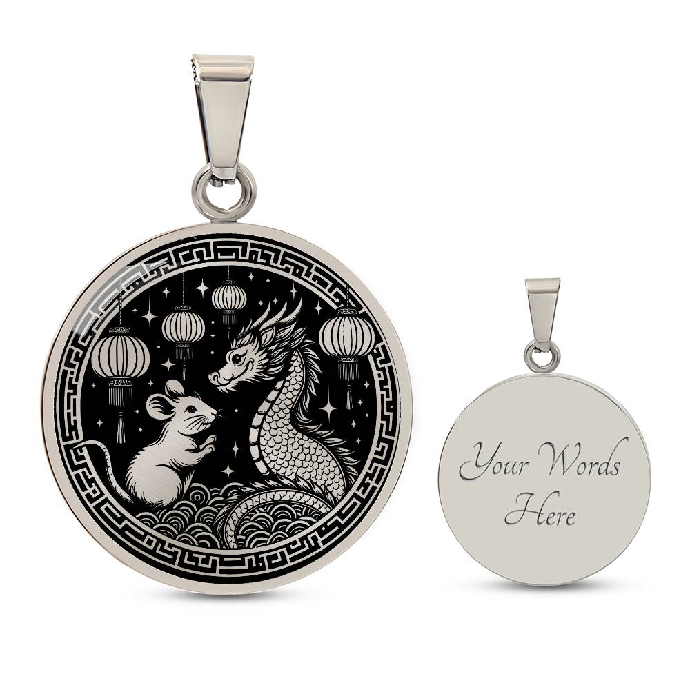 An Elegant silver pendant featuring a Year of the Rat and Year of The Dragon Necklace in silver and black. This jewelry offers personalization with an engraving option for a name.