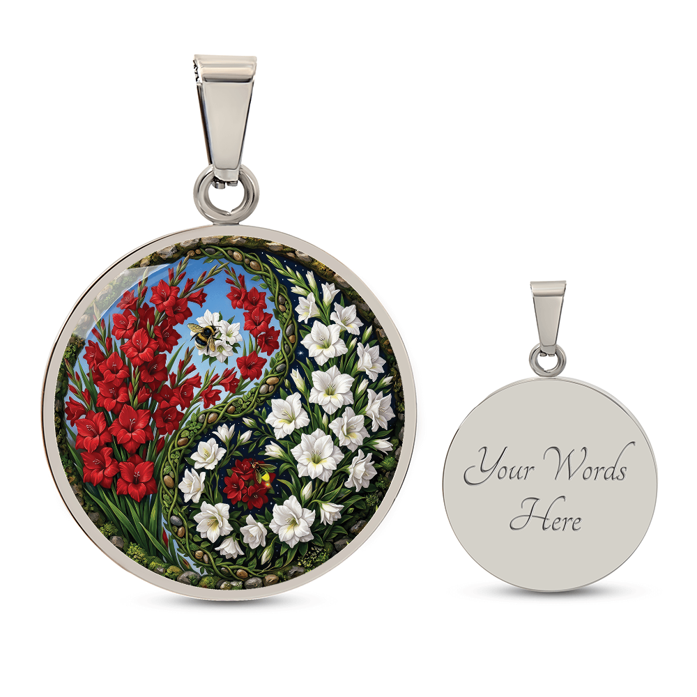 Gladiolus Yin Yang Necklace - August Birth Month Flower Pendant Jewelry