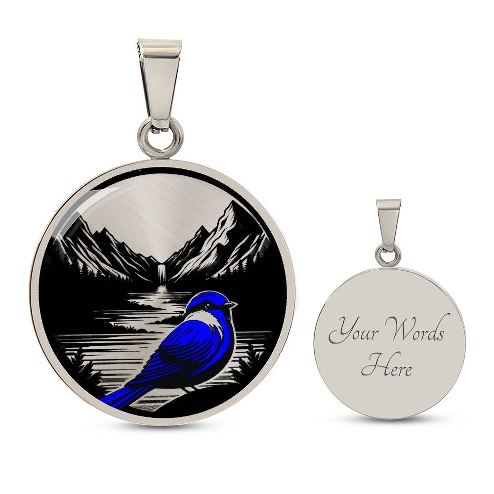 Bluebird Necklace, Golden Bird Jewelry Gifts For Her or Him, Idaho State Bird Glass Pendant Necklace, Engraved Nature Custom Charm Necklace