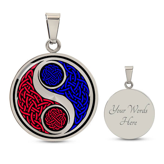 Elegant silver pendant featuring a vivid Fire red & Water blue Celtic Yin Yang Necklace set against a silver & Black backdrop. This jewelry offers personalization with an engraving option for a name.