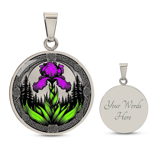 Februarys birth month flower in an Elegant silver pendant necklace featuring a vivid Purple Iris with a gold sun or silver moon surrounded by a forest with a Celtic frame. This necklace offers personalization option for a name.