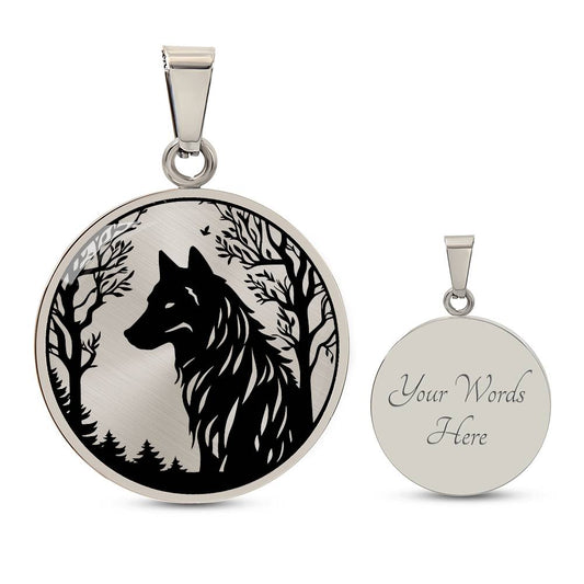 an Elegant pendant silver wolf necklace featuring a vivid Black Wolf in the forest, set against a silver backdrop. This jewelry offers personalization with an engraving option for a name.