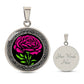 an Elegant January Silver pendant Celtic Carnation Birth Flower necklace featuring a vivid pink, green flower, set against a Silver & black backdrop. This jewelry offers personalization with an engraving option for a name.
