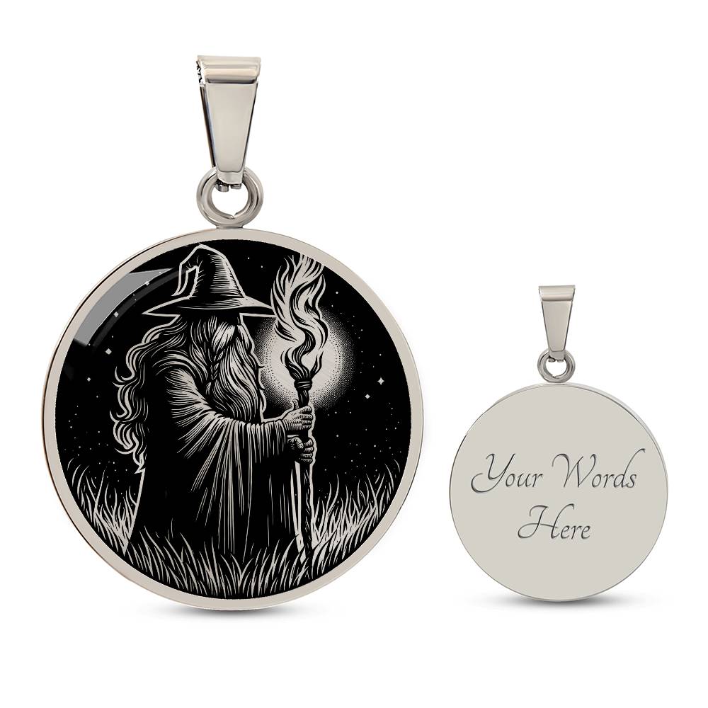 An Elegant silver pendant featuring a Fantasy Wizard Necklace in silver and black. This jewelry offers personalization with an engraving option for a name.