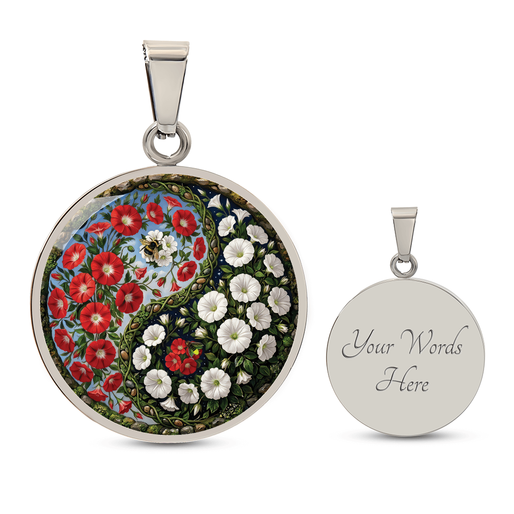 Red and White Morning Glory Yin Yang Necklace - September Birth Month Flower Pendant Jewelry