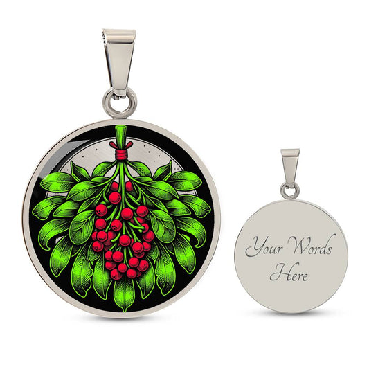 Elegant silver pendant necklace featuring a vivid Mistletoe with red berries set against a silver & black backdrop. This necklace offers personalization with an engraving option for a name.