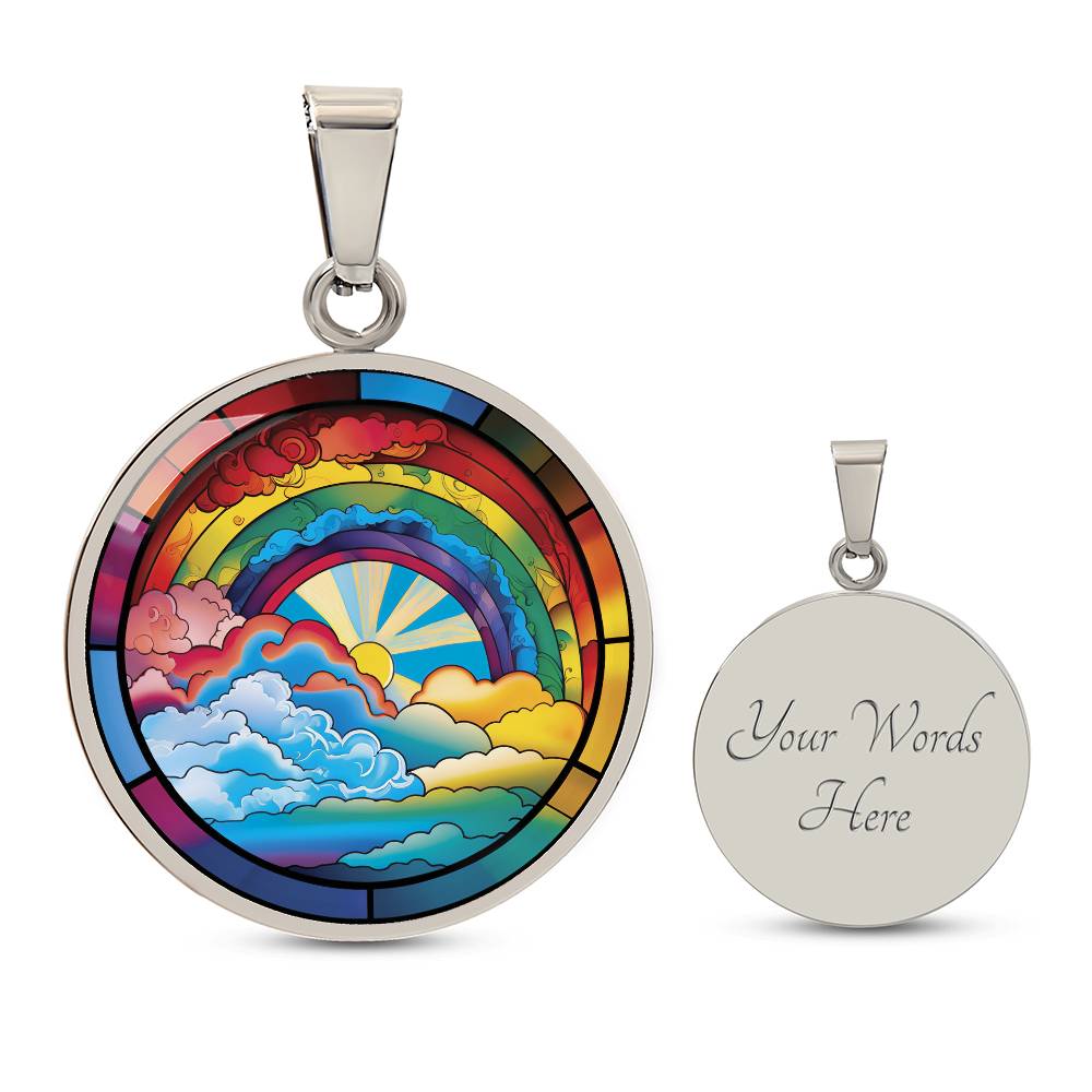 an elegant silver pendant Lucky Rainbow Necklace. The colors are all the colors of the rainbow. This jewelry offers personalization with an engraving option for a name.