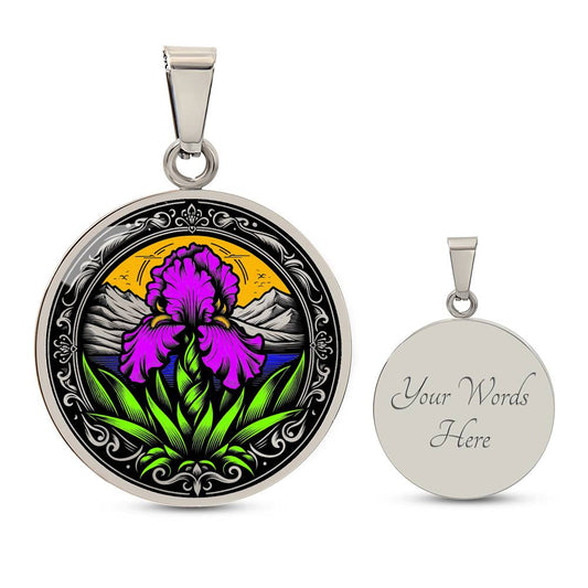 Februarys birth month flower Elegant silver pendant necklace featuring a vivid Purple Iris set against a sunset mountains with a river, the mountains are colored by the metal shinning through. This necklace offers personalization option for a name.