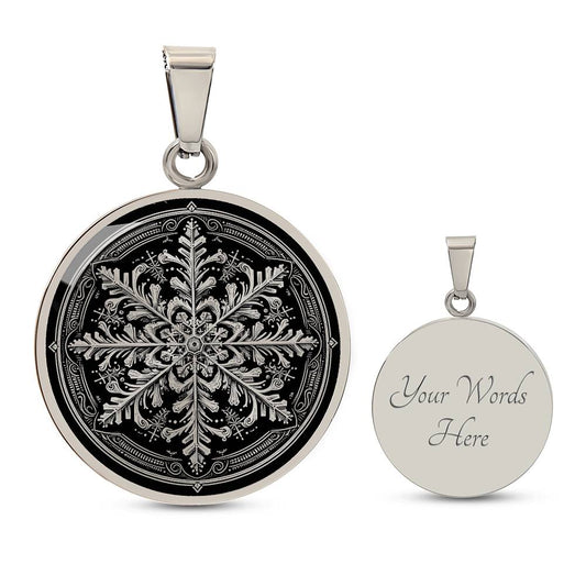 Elegant Silver pendant necklace featuring a vivid Silver Snowflake , set against a Black backdrop. This necklace offers personalization with an engraving option for a name.