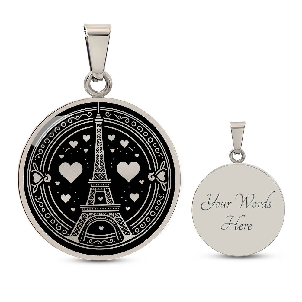 An Elegant silver pendant featuring a Valentines Design with a vivid Silver Eiffel Tower Necklace, set against a silver and black backdrop. This jewelry offers personalization with an engraving option for a name.