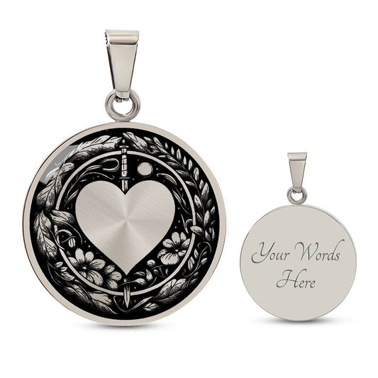 An Elegant silver pendant featuring a Valentines Design with a vivid Silver Moonlight Heart Necklace, set against a silver and black backdrop with a sword and flowers. This jewelry offers personalization with an engraving option for a name.