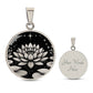 An Elegant silver pendant Water Lily Necklace featuring Stars, Lily Pads and a Water lily, all in black and silver. This jewelry offers personalization with an engraving option for a name.
