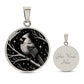 An Elegant silver pendant featuring a vivid Silver Northern Cardinal Necklace with Stars and a tree Branch all in a silver and black backdrop. This jewelry offers personalization with an engraving option for a name.